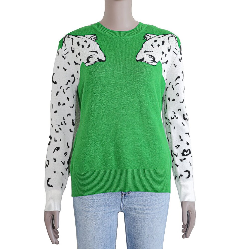 Green White Animal‎ Print Crew Neck Sweater Trendy Pullover Cozy Chic Knitwear